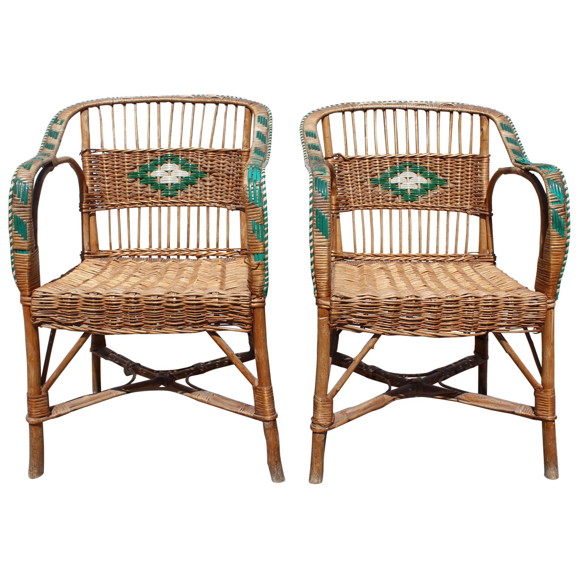 1950s Pair of Spanish Laced Wicker, Wood and Bamboo Armchairs