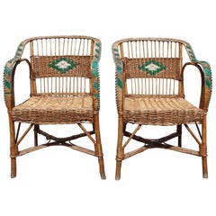 1950s Pair of Spanish Laced Wicker, Wood and Bamboo Armchairs