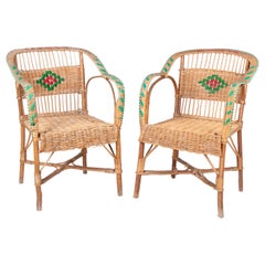 1950s Pair of Spanish Laced Wicker, Wood and Bamboo Armchairs
