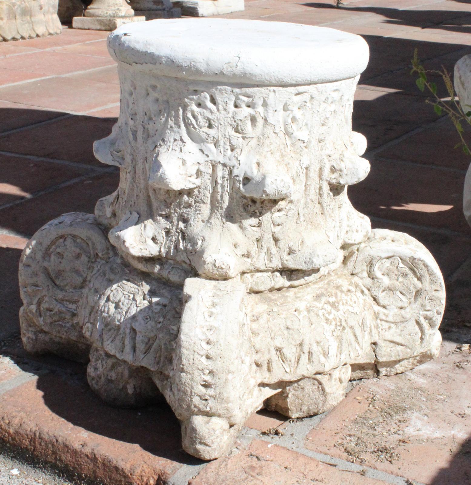 1950s pair of Spanish sandstone capitals in the style of Al-Andalus architecture, combining a Visigoth capital with geometric engravings, representing the merge of western and eastern cultures.