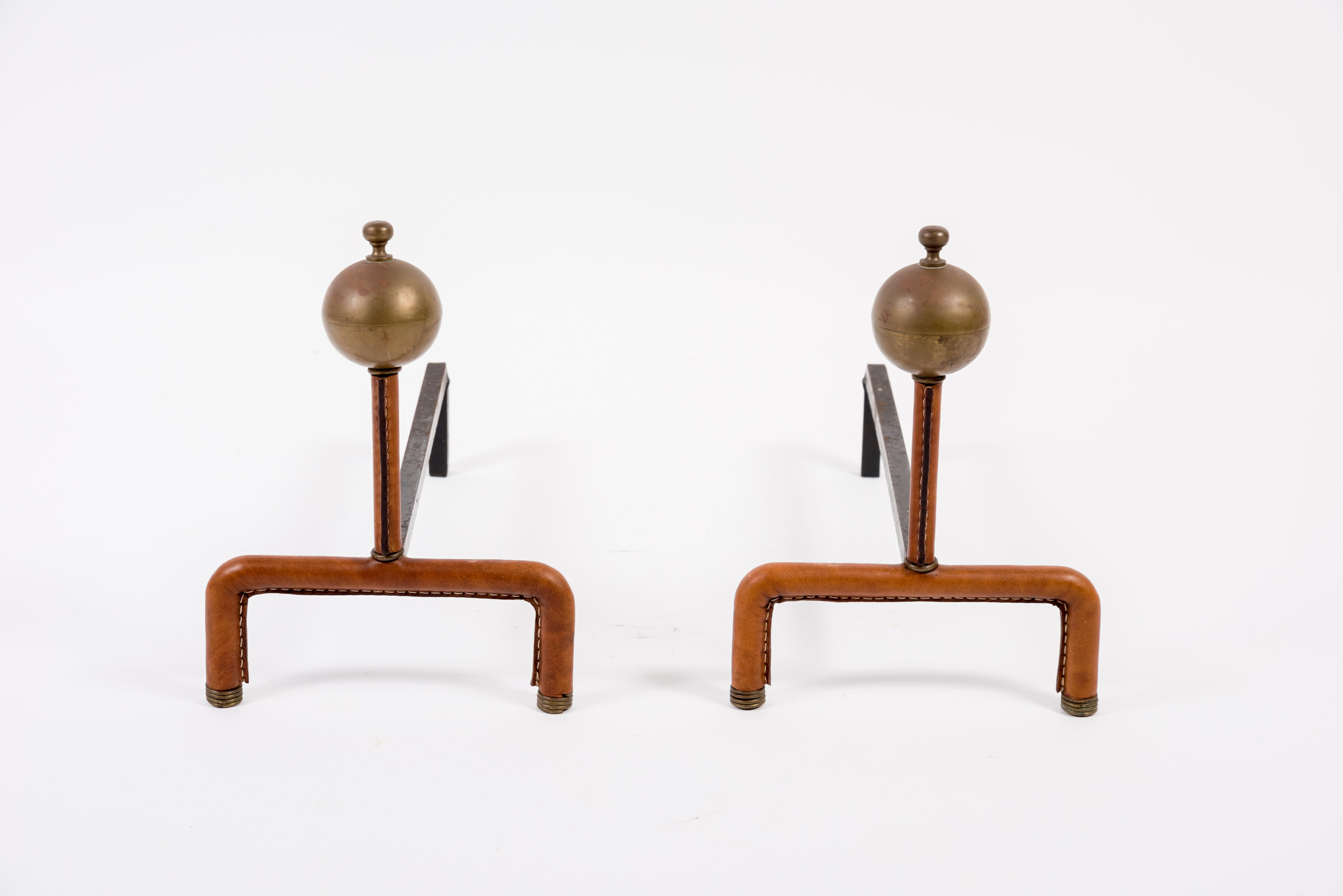 1950's Pair of Stitched Leather Andirons by Jacques Adnet In Good Condition For Sale In Bois-Colombes, FR