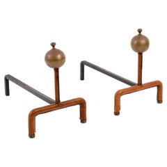 1950's Pair of Stitched Leather Andirons by Jacques Adnet