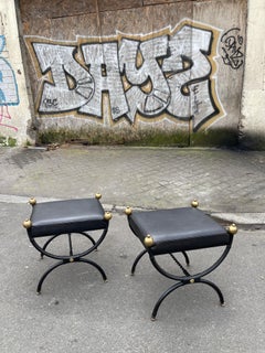 Ein Paar Ottomane aus genähtem Leder von Jacques Adnet aus den 1950er Jahren