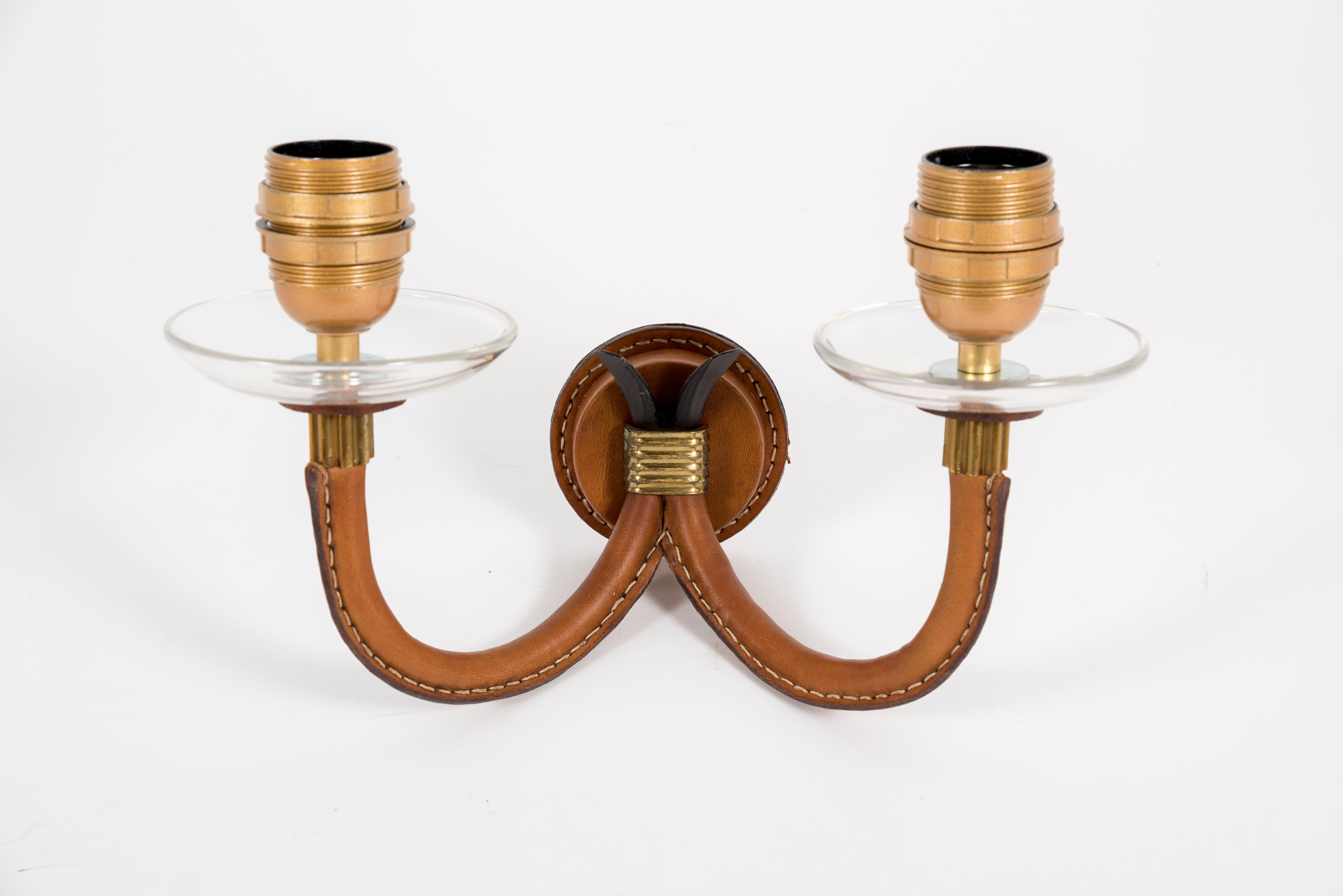 European 1950's Pair of Stitched Leather Sconces by Jacques Adnet