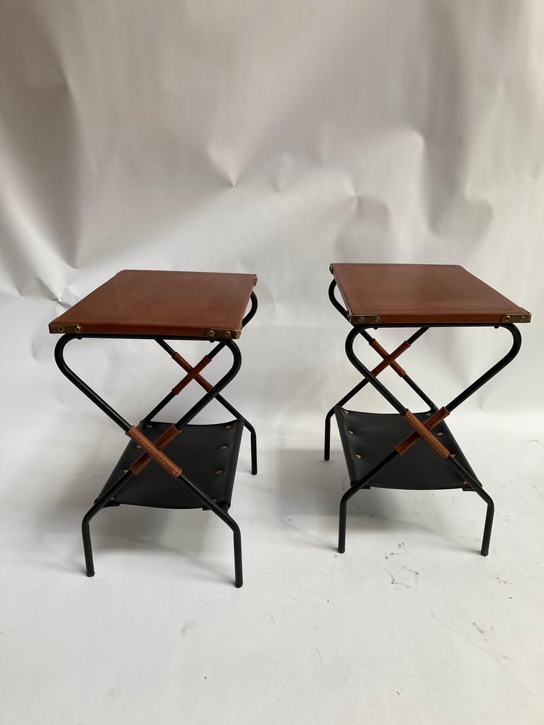 European 1950's Pair of Stitched Leather Side Tables by Jacques Adnet For Sale