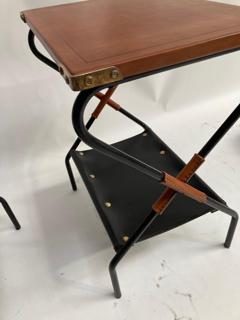 1950's Pair of Stitched Leather Side Tables by Jacques Adnet For Sale 1