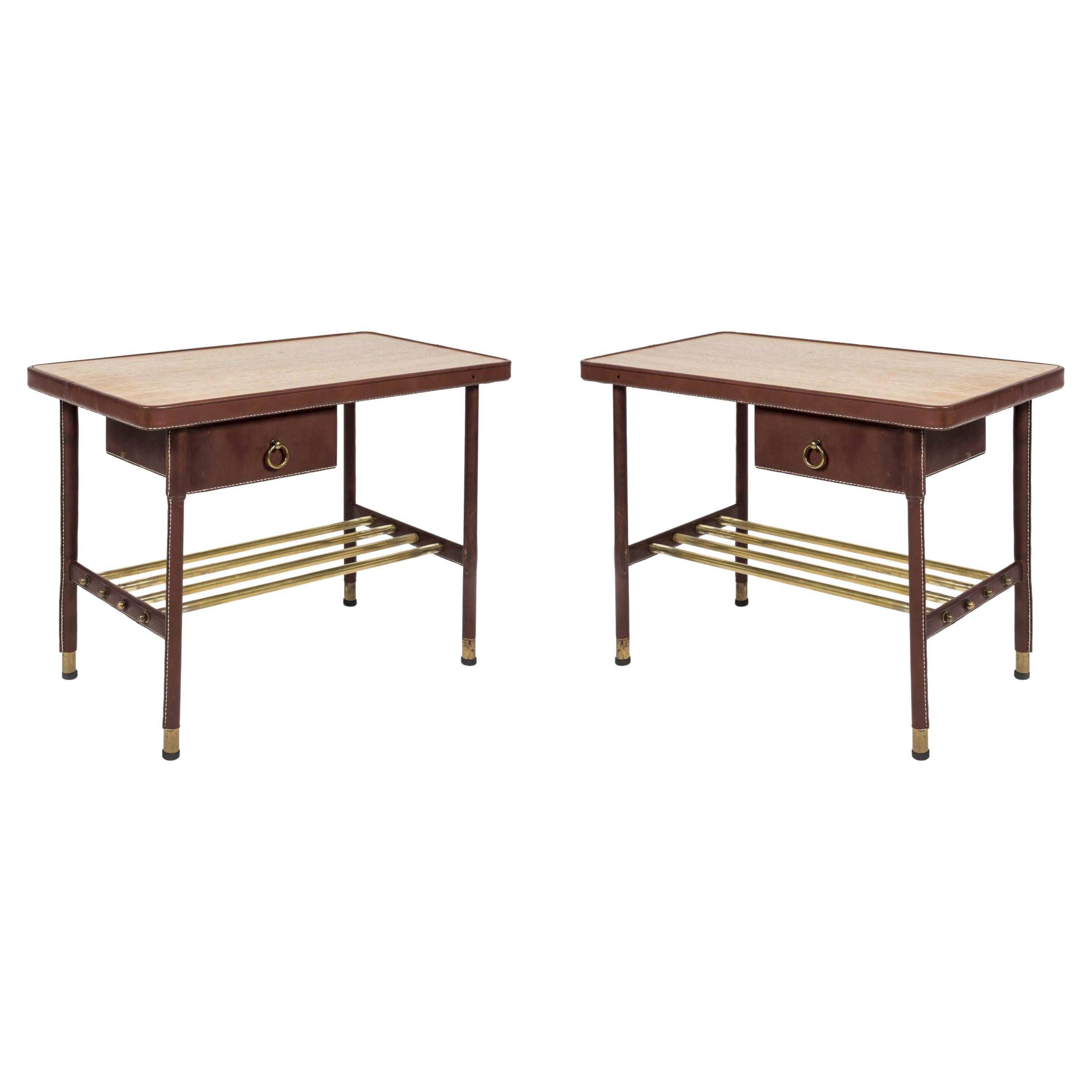 1950s Pair of Stitched Leather Side Tables by Jacques Adnet