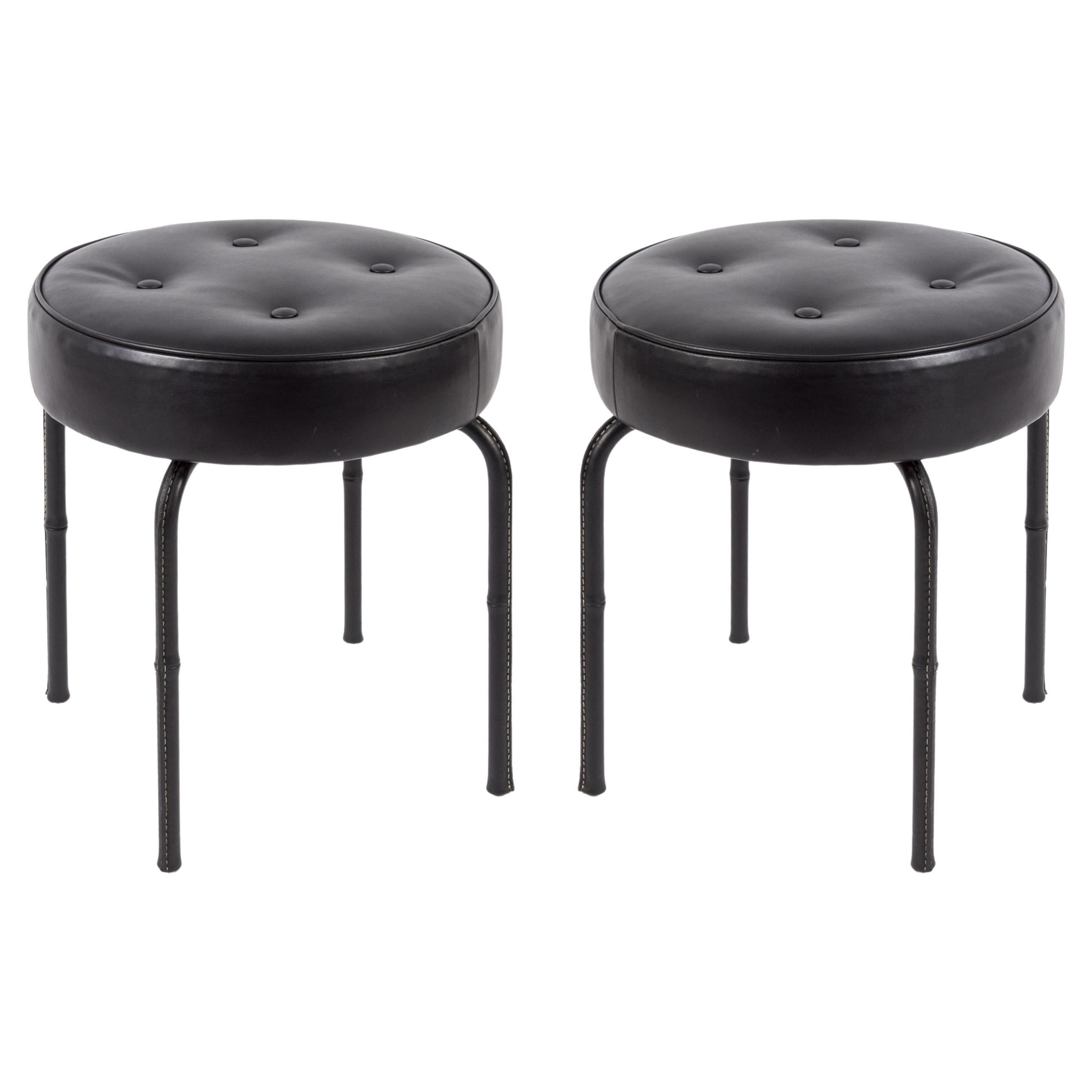 1950's Pair of Stitched Leather Stools by Jacques Adnet