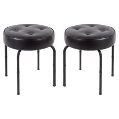 1950's Pair of Stitched Leather Stools by Jacques Adnet