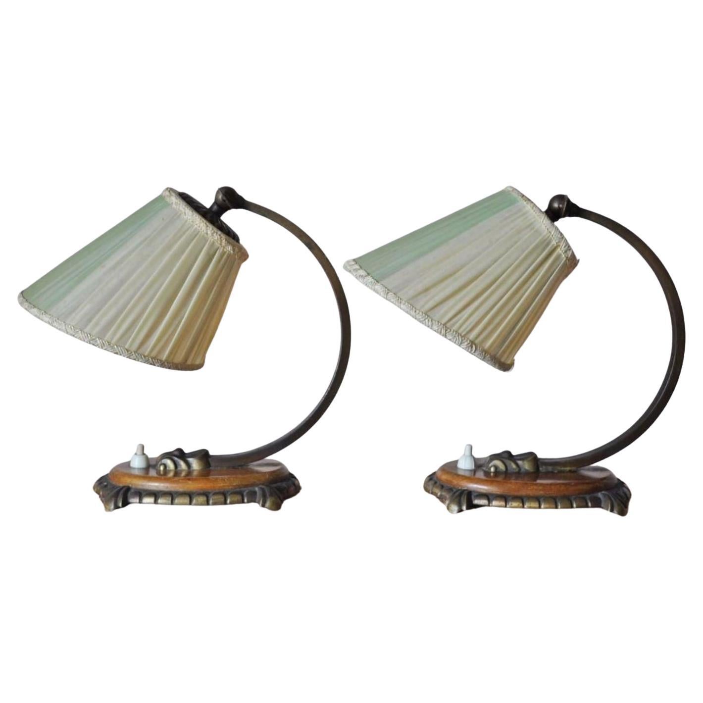 Pair Swedish Brass Adjustable Arm Table Lamps with Pleated Shades, 1950s