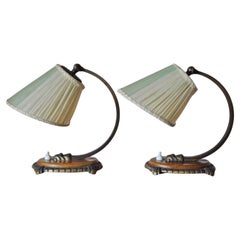 Pair Swedish Brass Adjustable Arm Table Lamps with Pleated Shades, 1950s