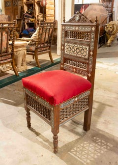 1950s Pair of Syrian Chairs with Mother-of-pearl Inlay and Red Velvet