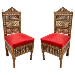 1950s Pair of Syrian Chairs with Mother-of-pearl Inlay and Red Velvet
