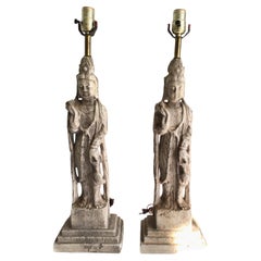 1950's Pair of Table Lamps in Painted Plaster of Asian Goddesses