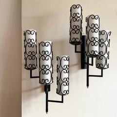 Mid-Century Modern Three-Armed Wall Sconces, Metal and Parchment, Circa 1950