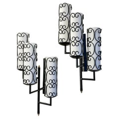 1950s Pair of Three-Armed Wall Sconces with Parchment Lampshades