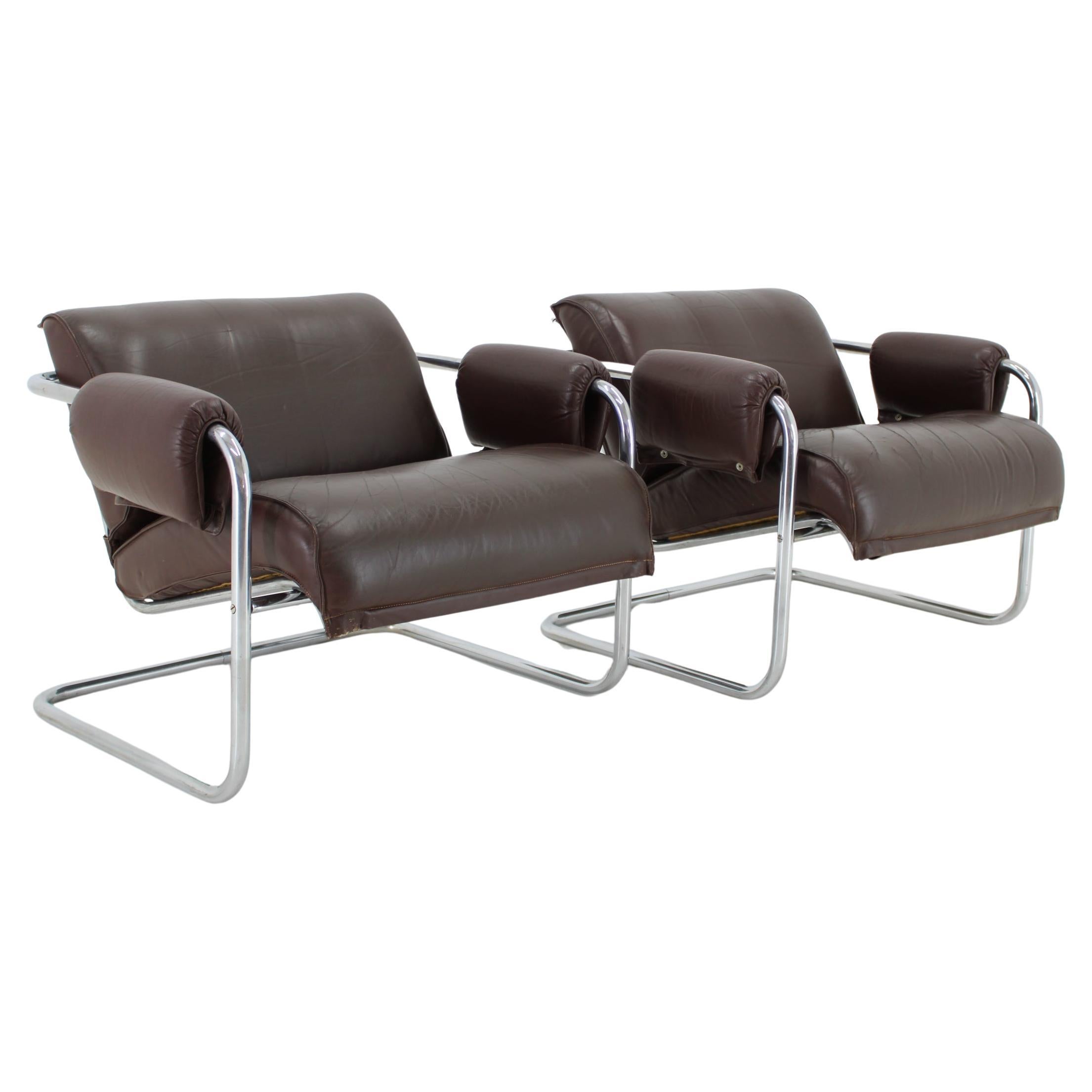 1950s Pair of Tubular Armchairs in Leather, Czechoslovakia