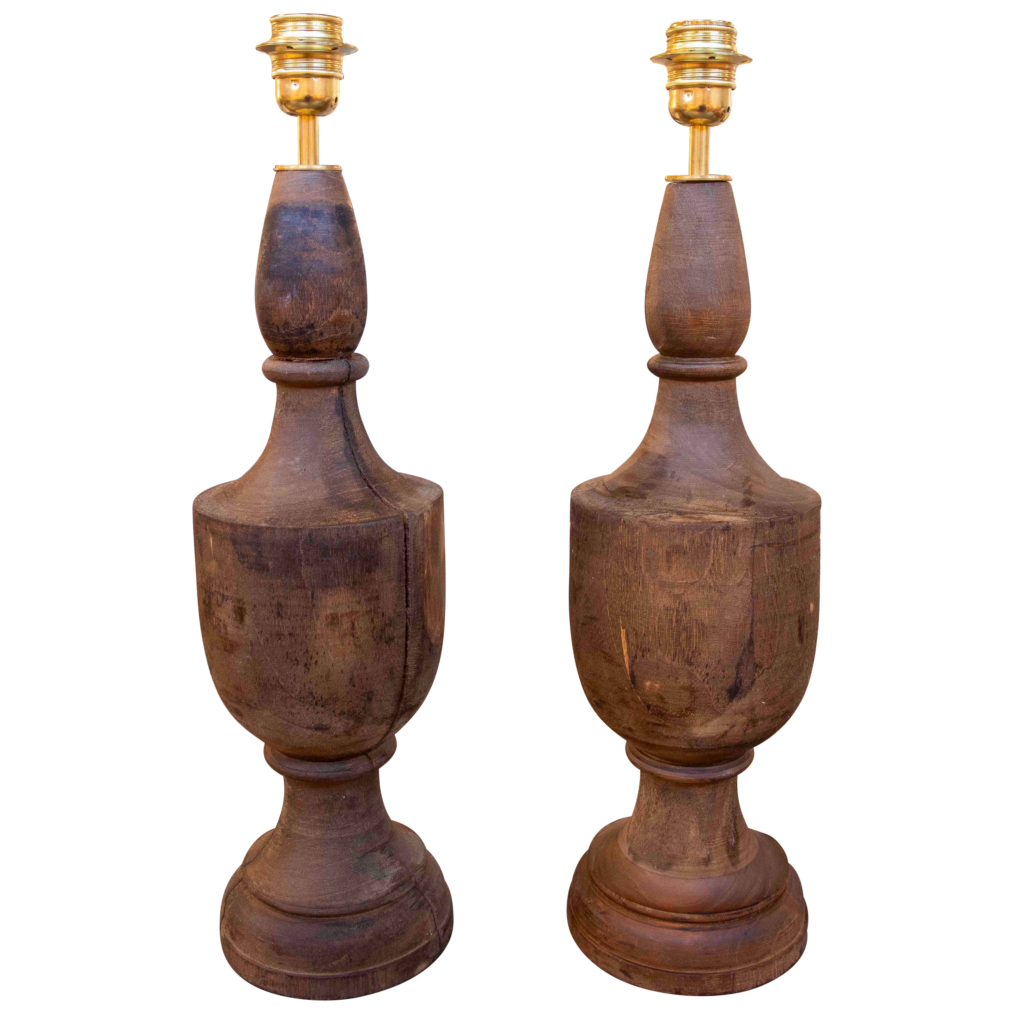 1950s Pair of Turned Wooden Table Lamps with Rustic Patina