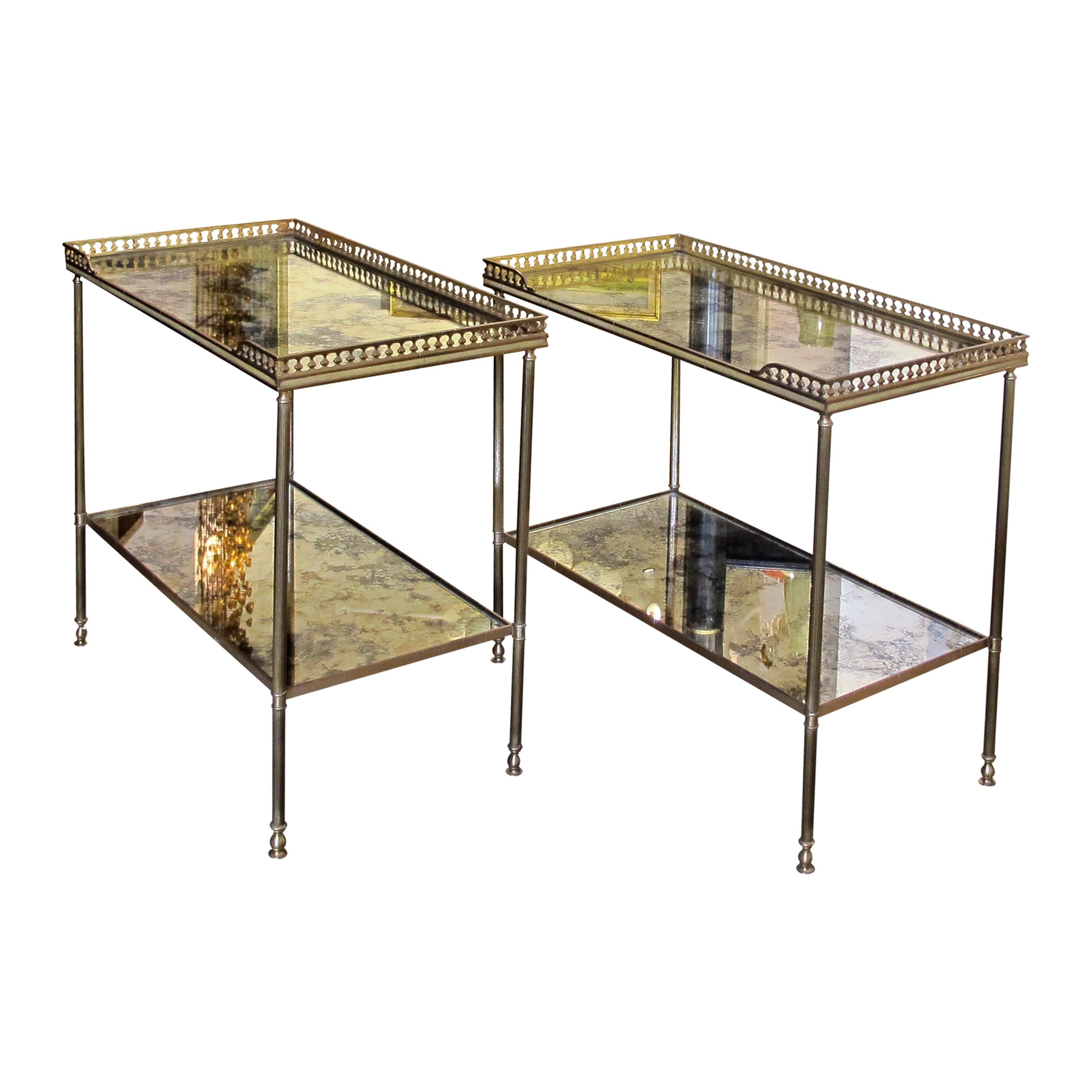 Mid-Century Modern 1950s Pair of Two-Tier Side tables with Antiqued Mirror by Maison Jansen, French