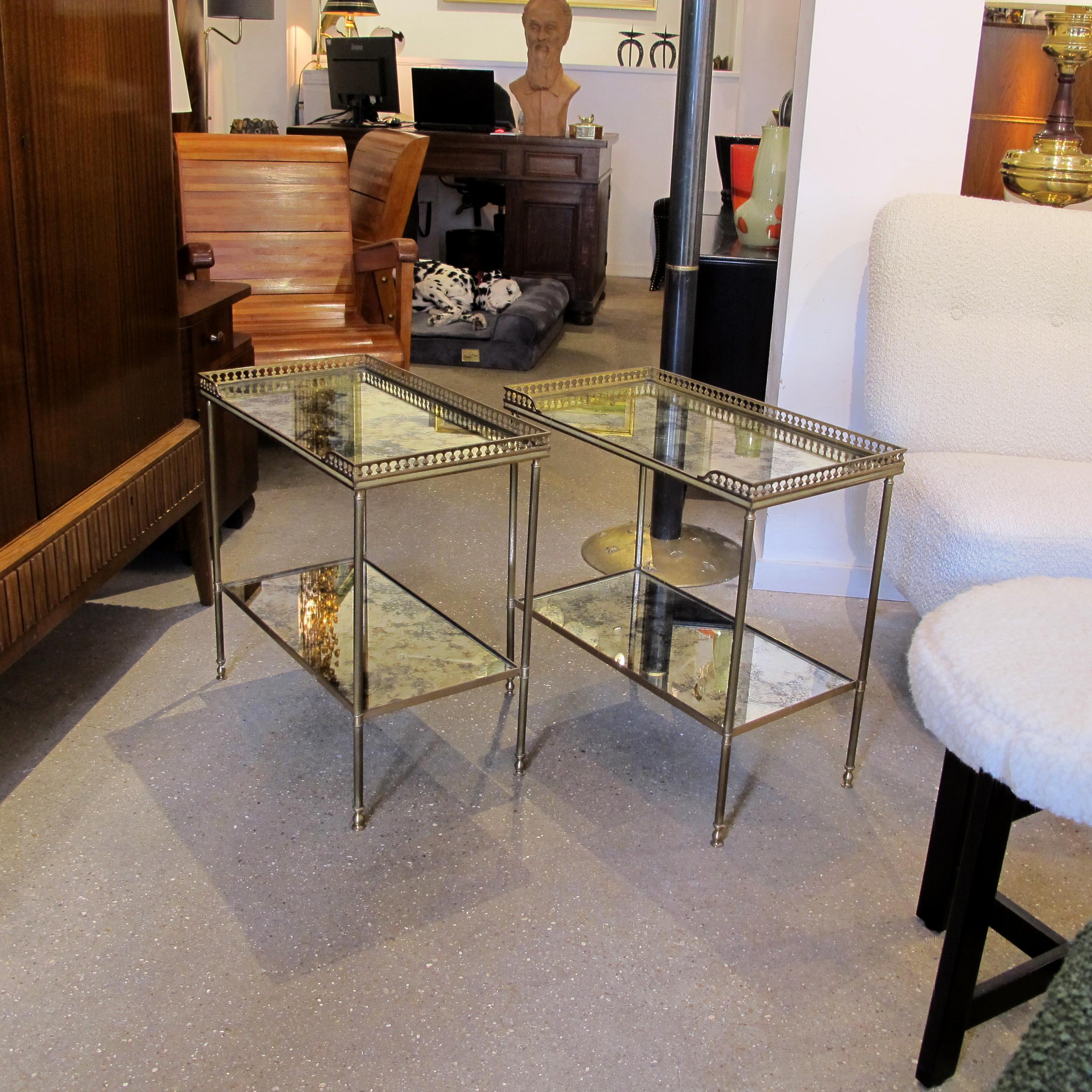 Brass 1950s Pair of Two-Tier Side tables with Antiqued Mirror by Maison Jansen, French