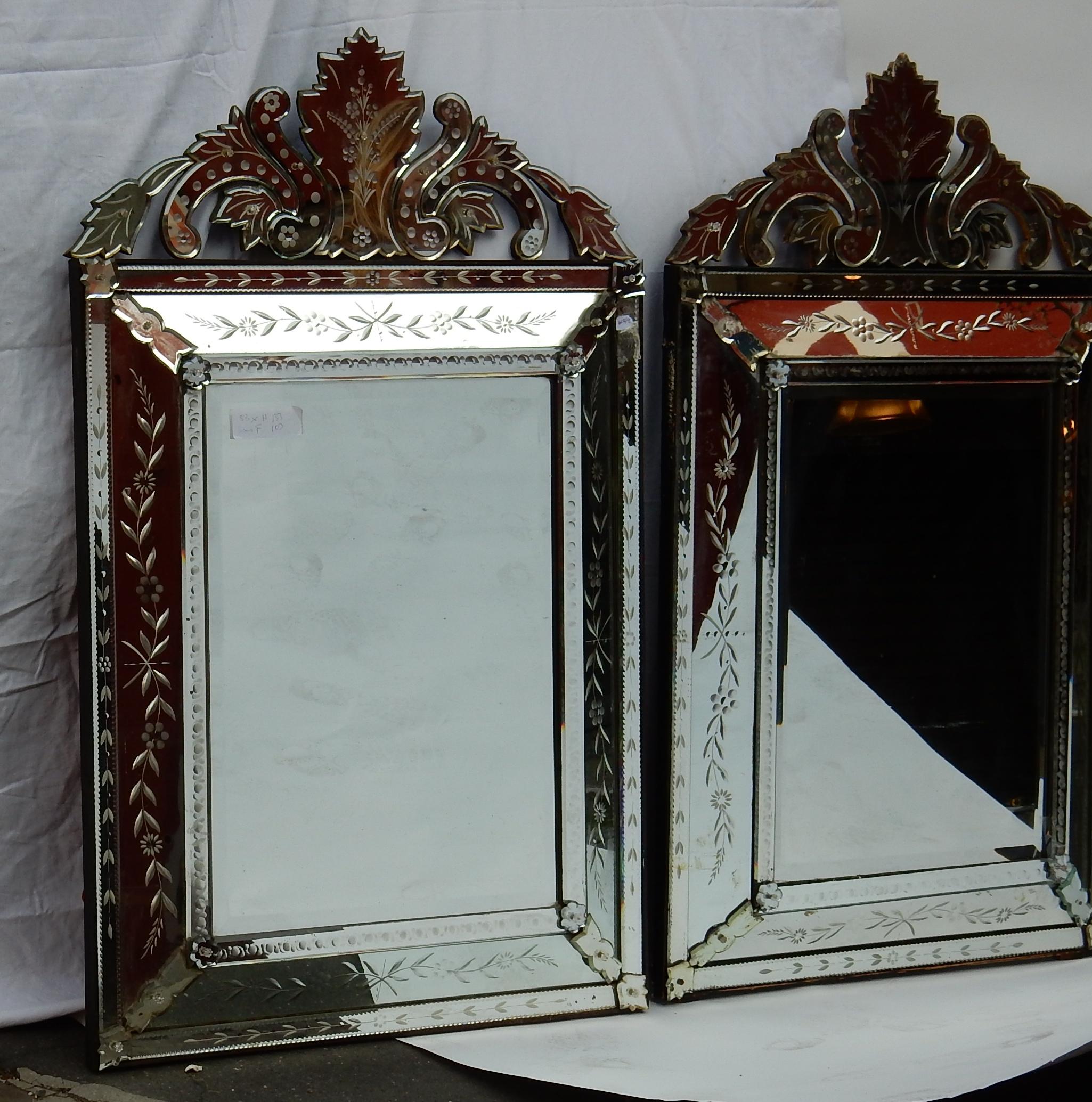 Louis XIV 1950s Pair of Venetian Mirrors with Floral Decor and Pediment