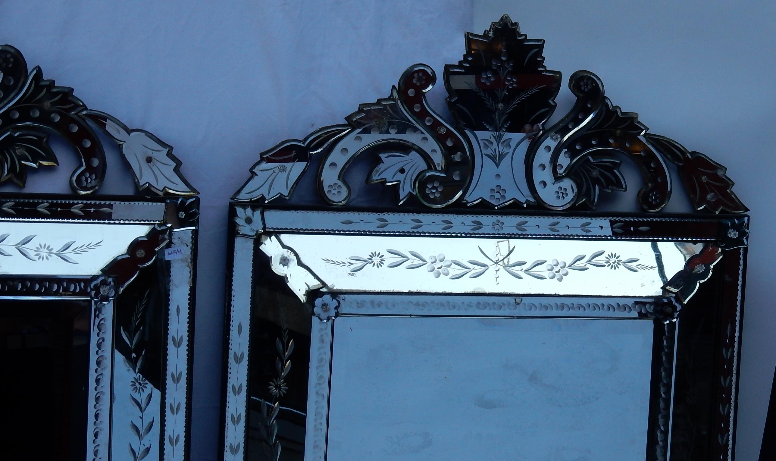 Silvered 1950s Pair of Venetian Mirrors with Floral Decor and Pediment