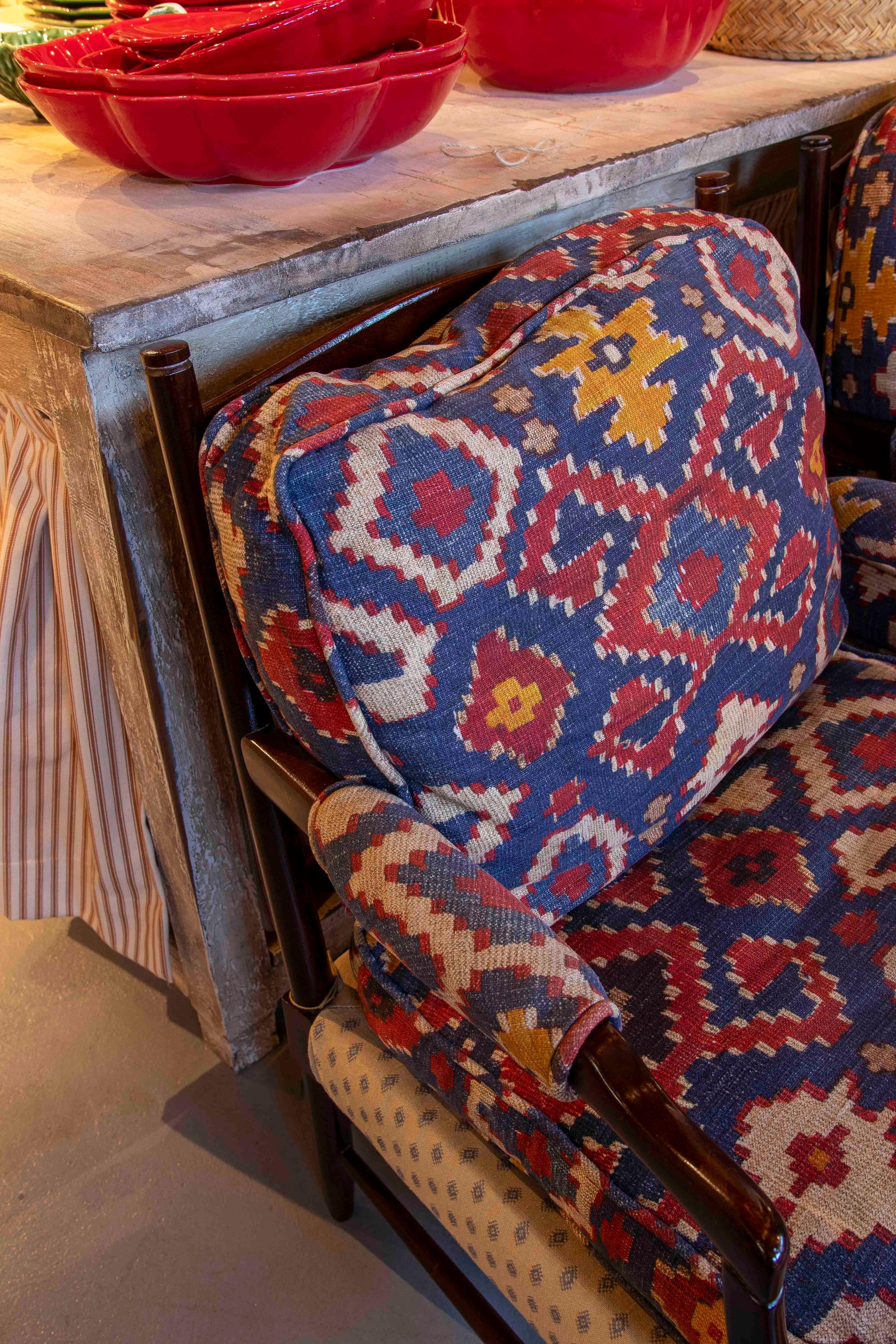 Spanish 1950s Pair of Vintage Armchairs with Ethnic Upholstery For Sale