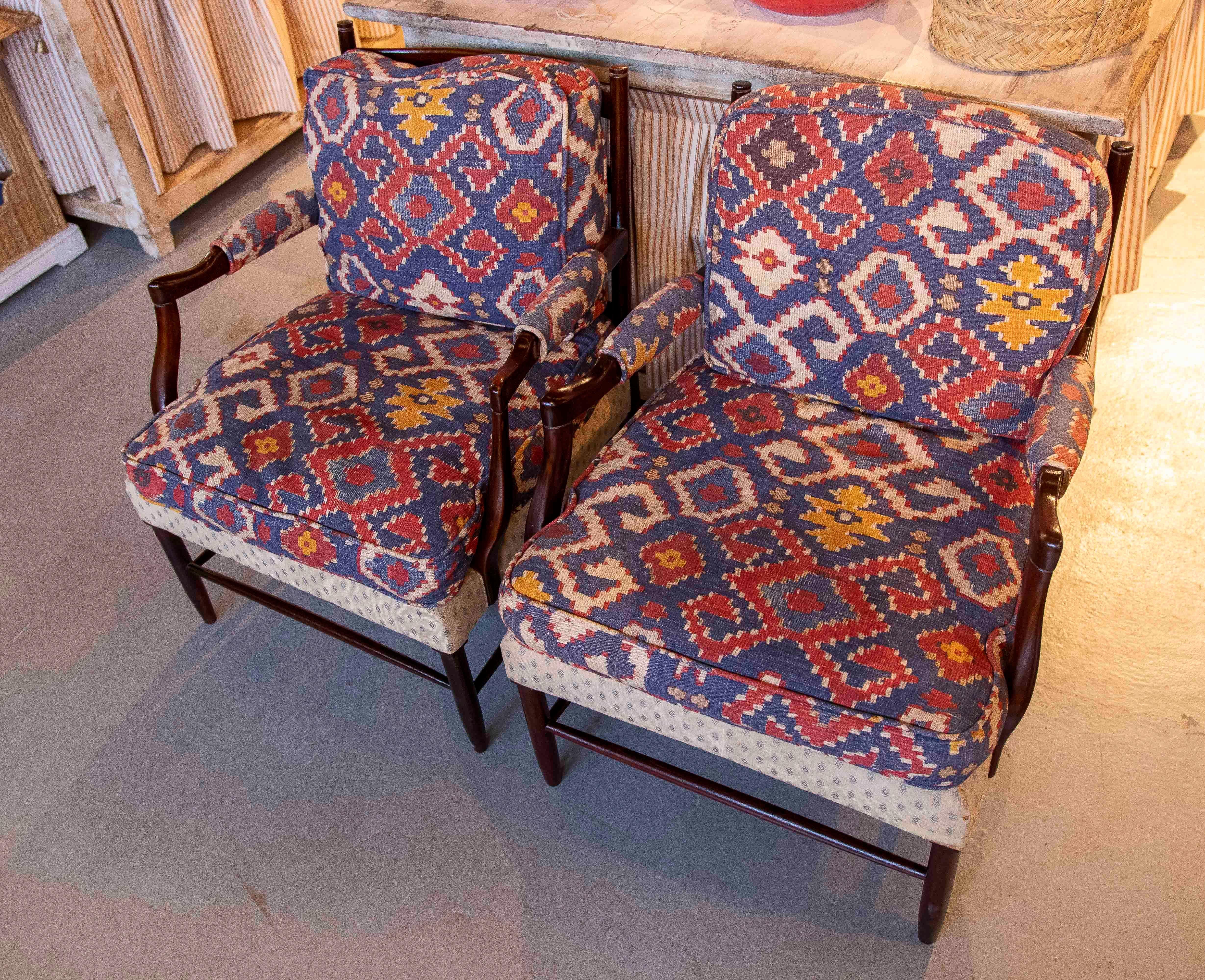 Fabric 1950s Pair of Vintage Armchairs with Ethnic Upholstery For Sale