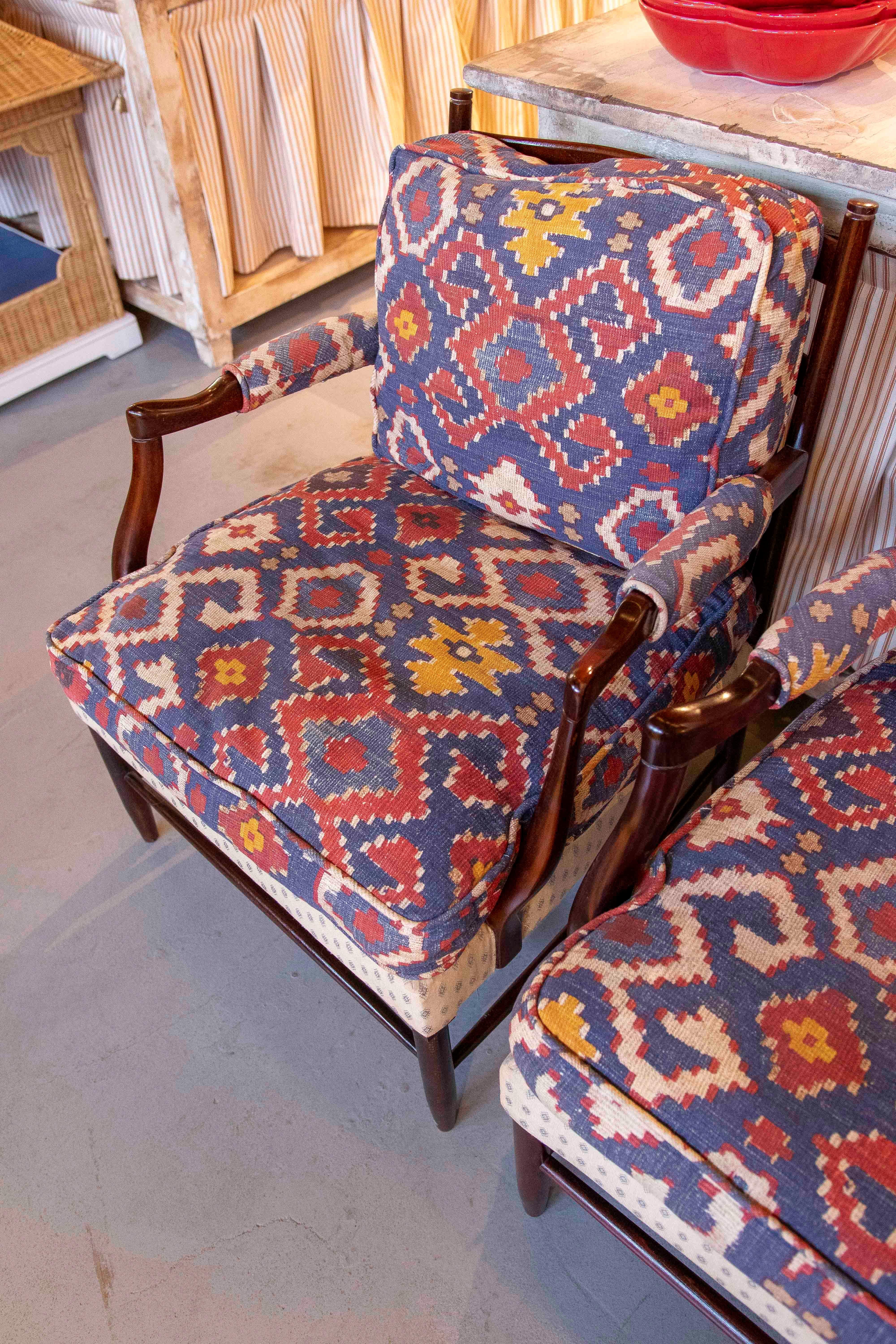 1950s Pair of Vintage Armchairs with Ethnic Upholstery For Sale 1