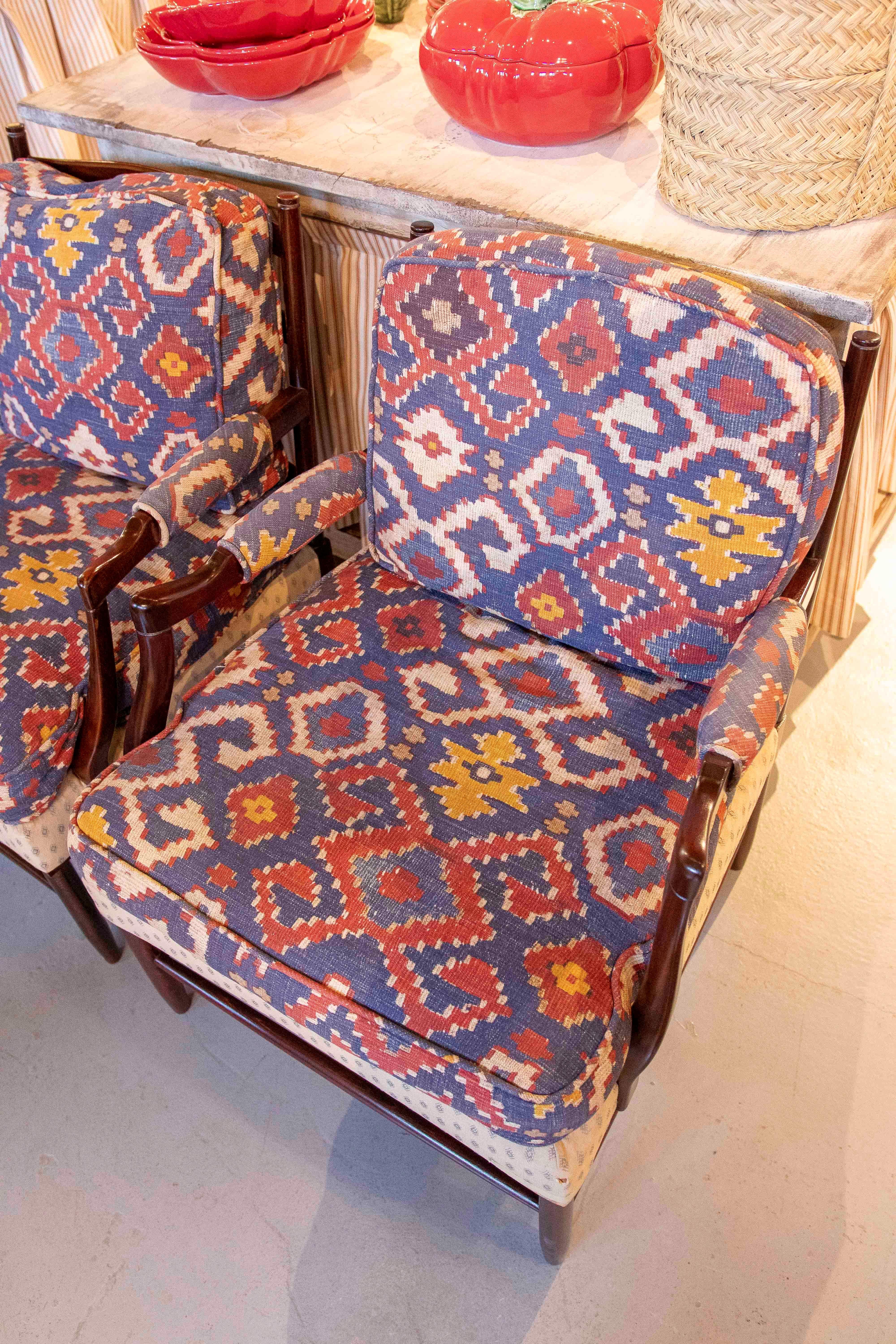 1950s Pair of Vintage Armchairs with Ethnic Upholstery For Sale 2