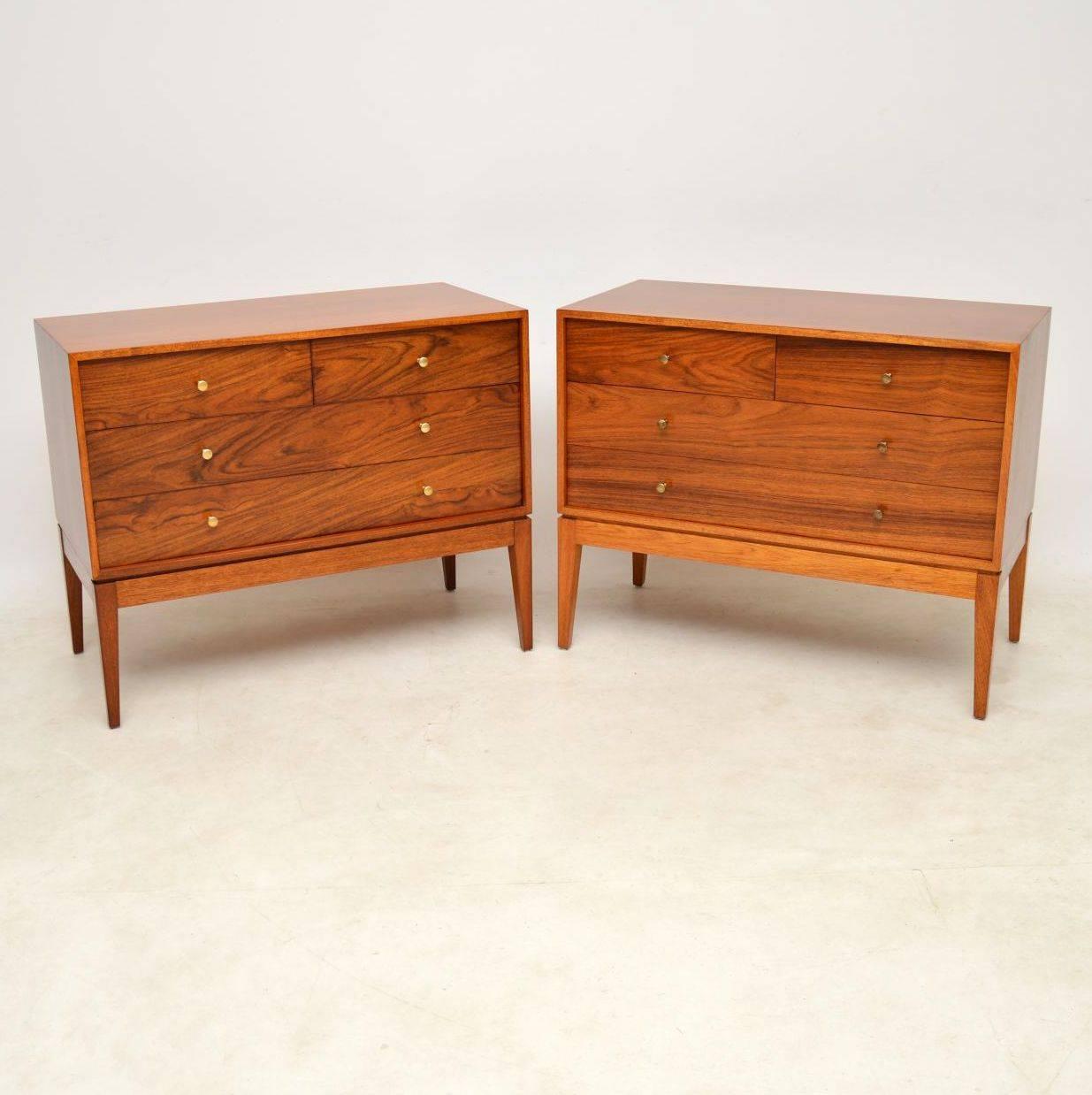 A stunning pair of vintage chests of drawers, these were made by Uniflex in the 1950s-1960s. They have wooden drawer fronts with brass handles, and mahogany carcasses. We have had these stripped and re-polished to a very high standard, the condition