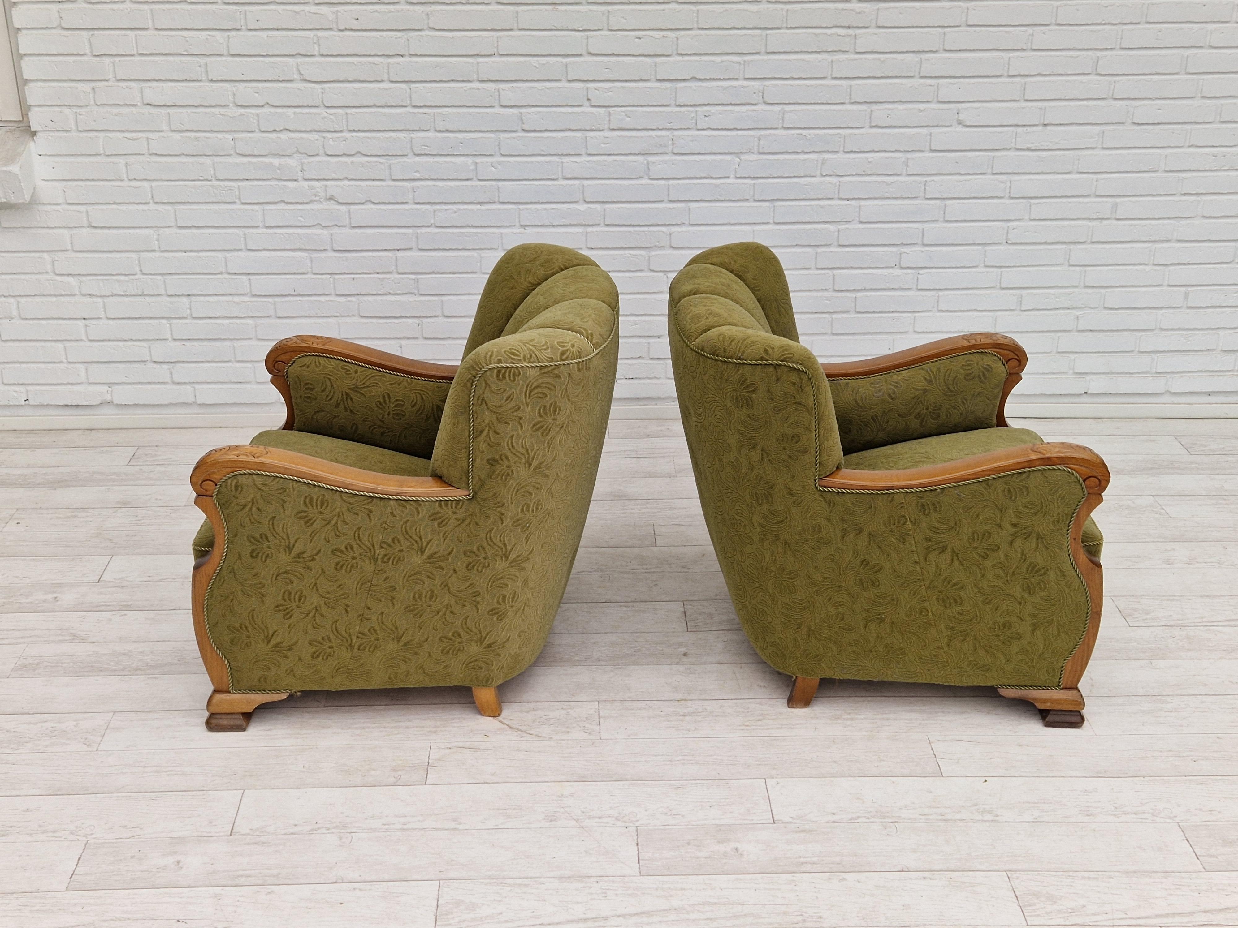 Fabric 1950s, Pair of Vintage Danish Armchairs, Original Very Good Condition For Sale