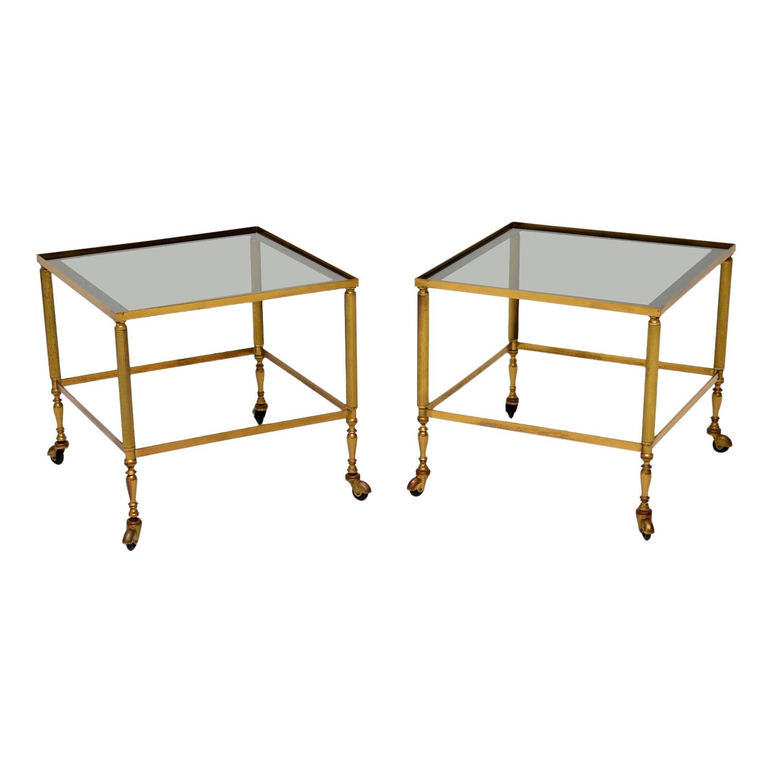 1950s Pair of Vintage French Brass and Glass Side Tables