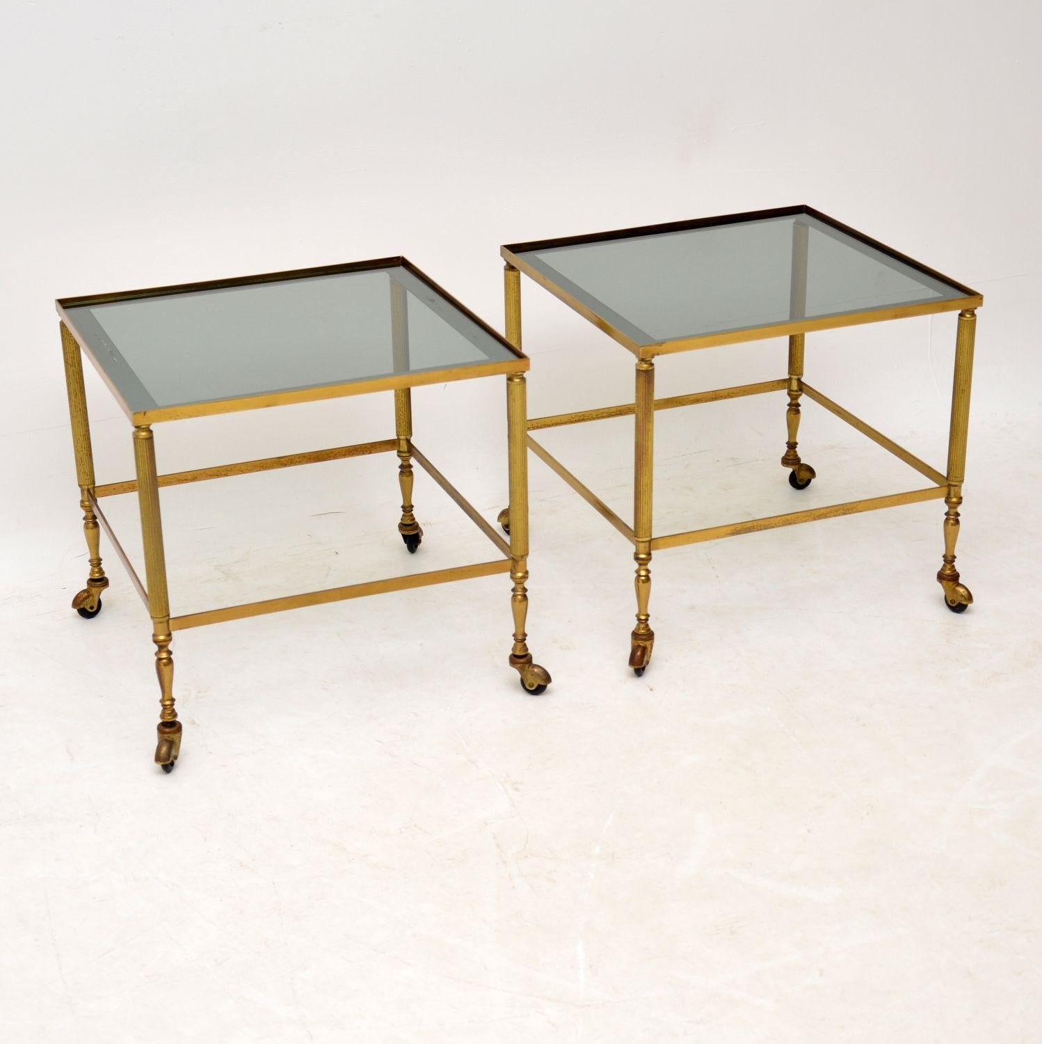 Mid-Century Modern 1950s Pair of Vintage French Brass and Glass Side Tables