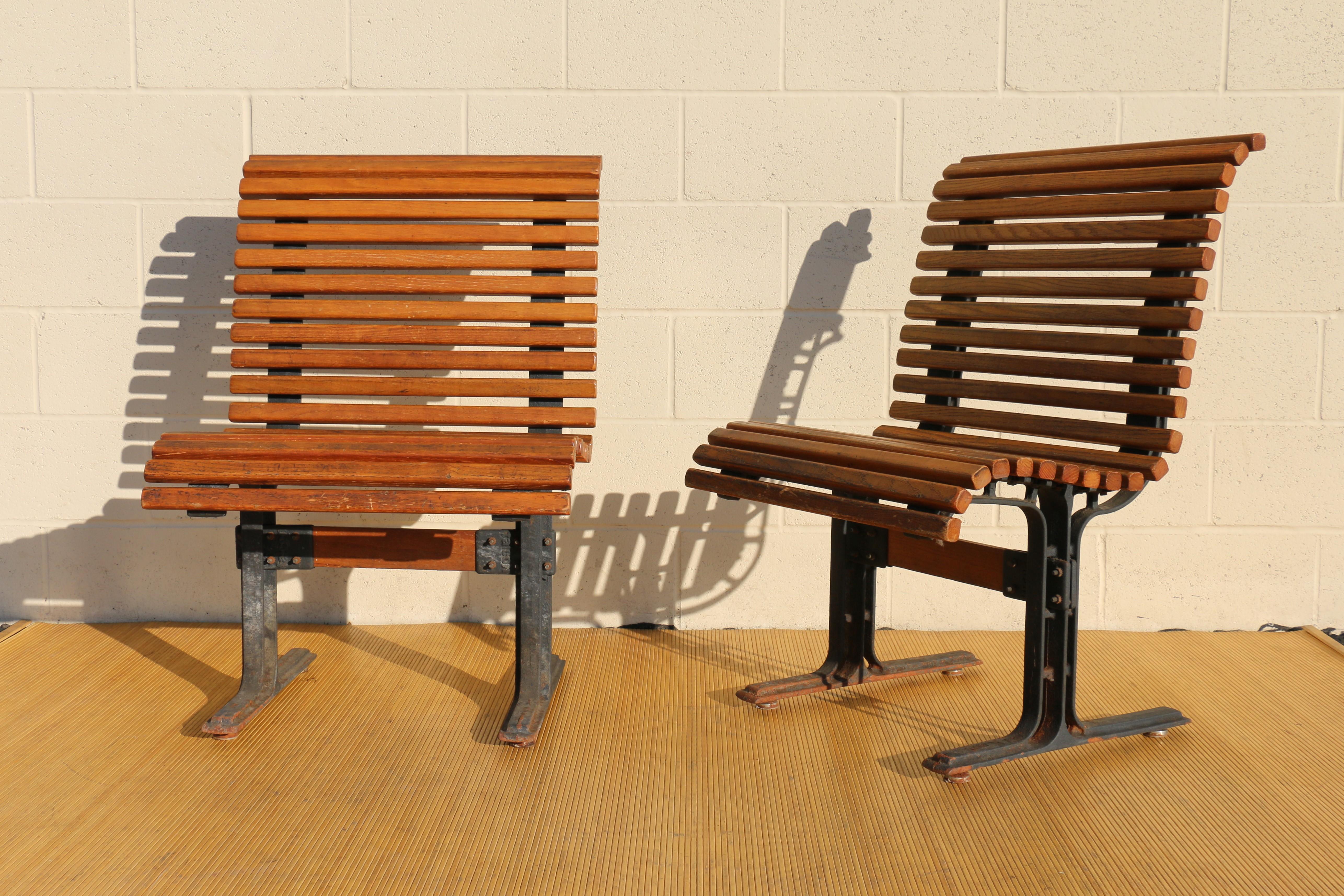 Industrial 1950’s Pair of Vintage Slatted Oak Benches by Falcon For Sale