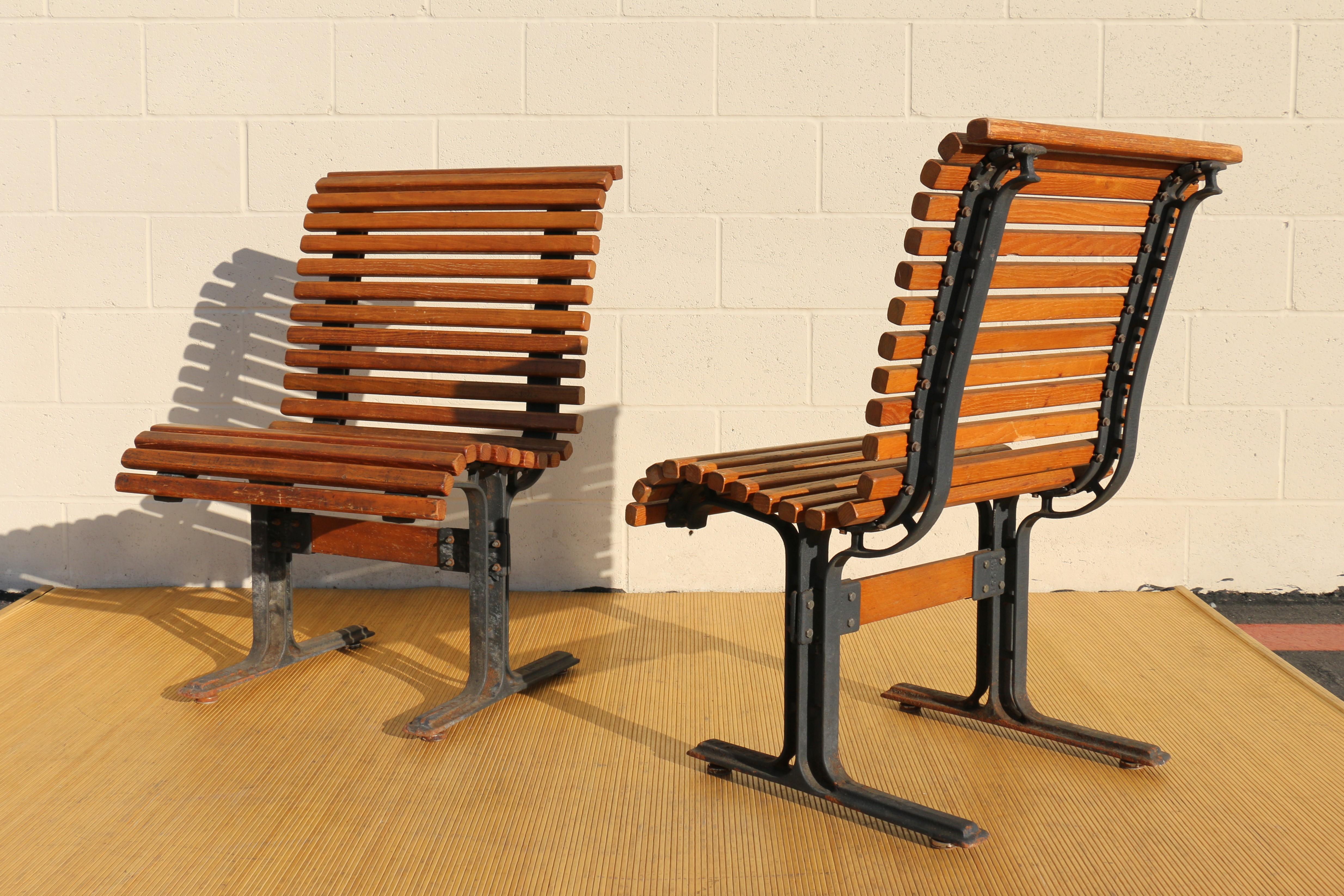American 1950’s Pair of Vintage Slatted Oak Benches by Falcon For Sale