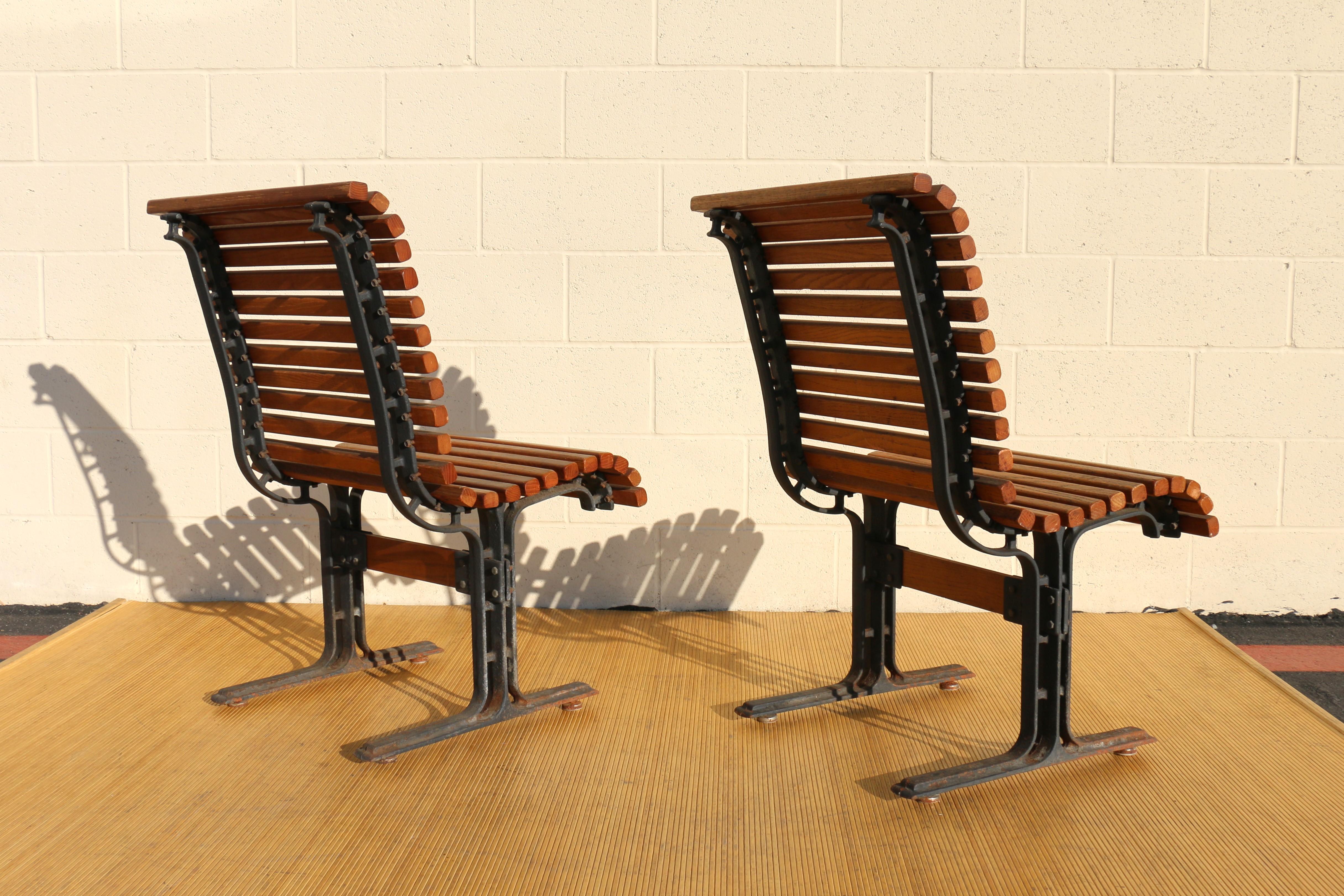 Iron 1950’s Pair of Vintage Slatted Oak Benches by Falcon For Sale