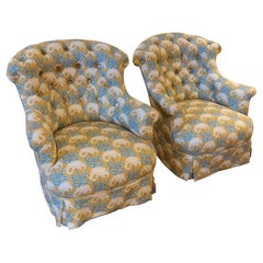 1950s Paire de fauteuils vintage tapissés avec un nouveau imprimé floral bleu et or