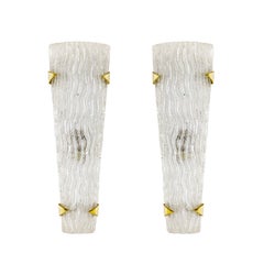 1950s Pair of Wall Lights, Murano Glass, Polished Solid Brass, Italy