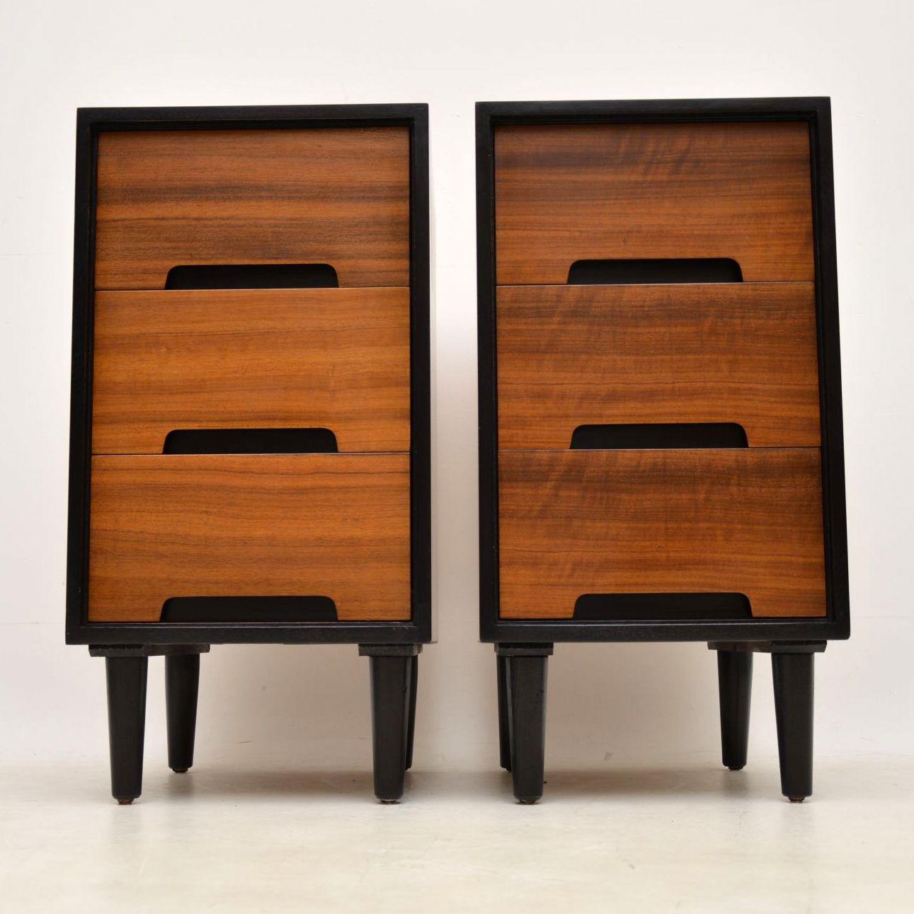 A stylish and very useful pair of vintage bedside chests, these were designed by John & Sylvia Reid for Stag furniture’s C range, they date from the 1950s. These are the harder to find versions in walnut, we have had them stripped and re-polished to