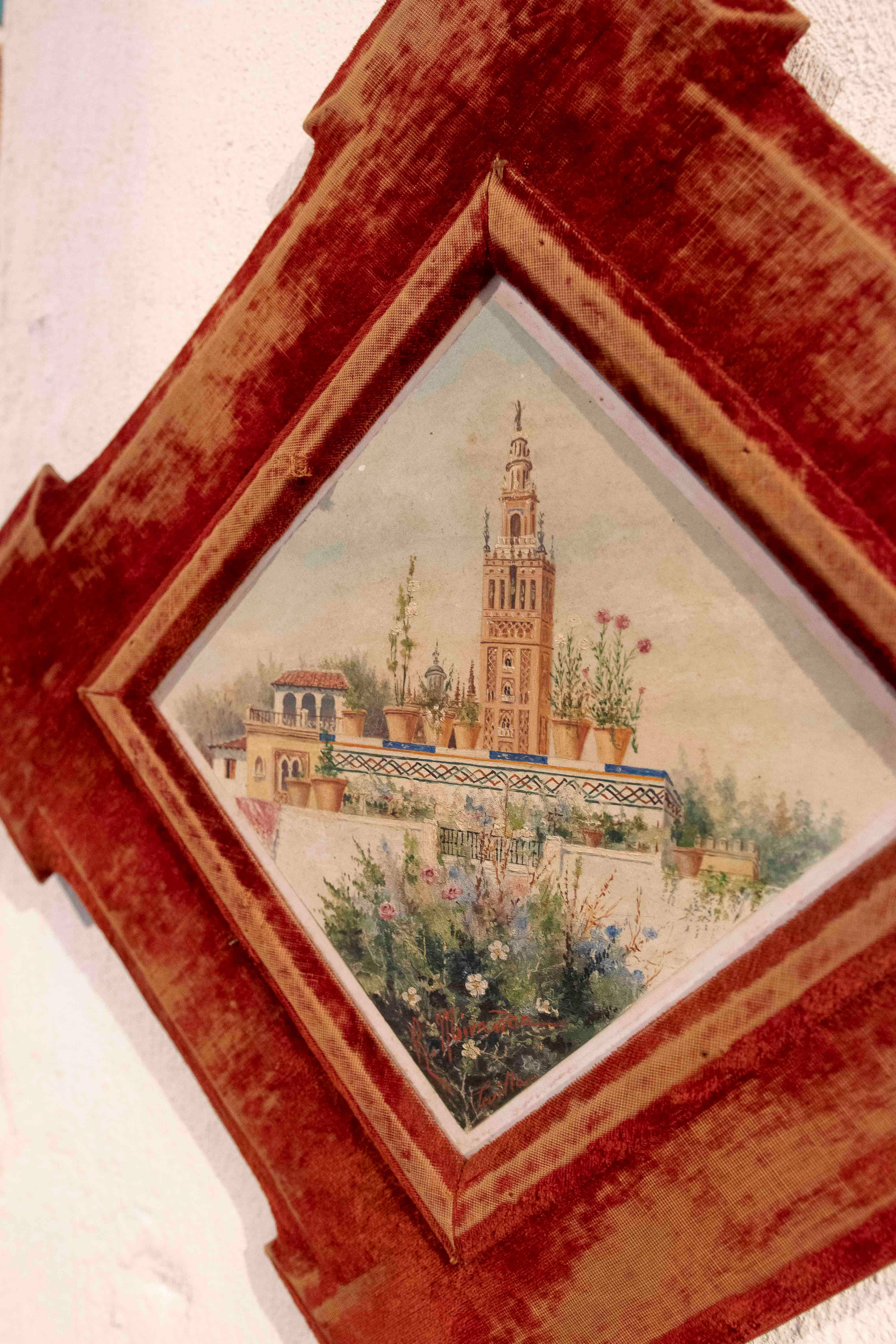 Paire d'aquarelles des années 1950 peintes sur des carreaux avec des cadres en velours rouge. Signé Bon état - En vente à Marbella, ES