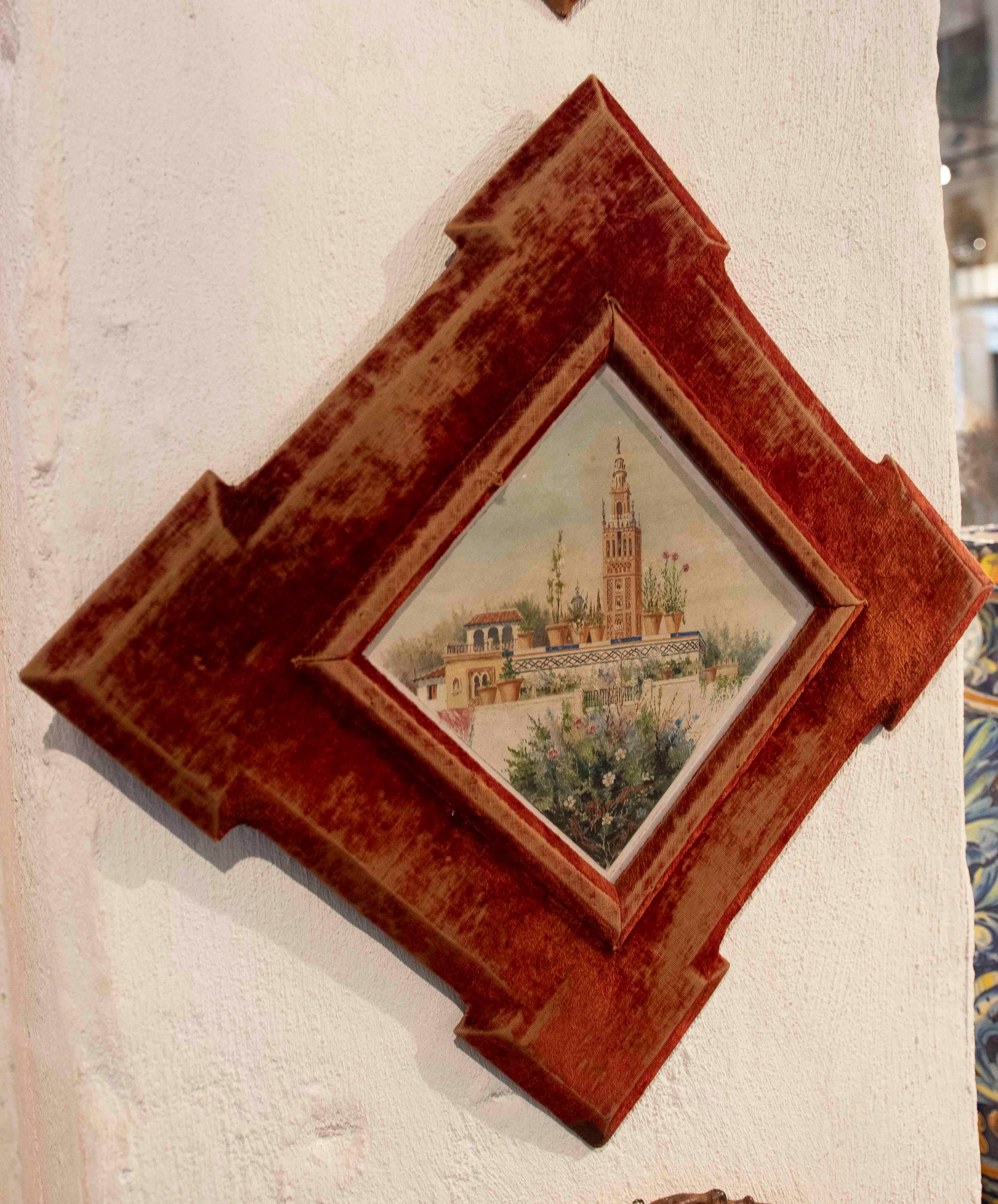 Céramique Paire d'aquarelles des années 1950 peintes sur des carreaux avec des cadres en velours rouge. Signé en vente