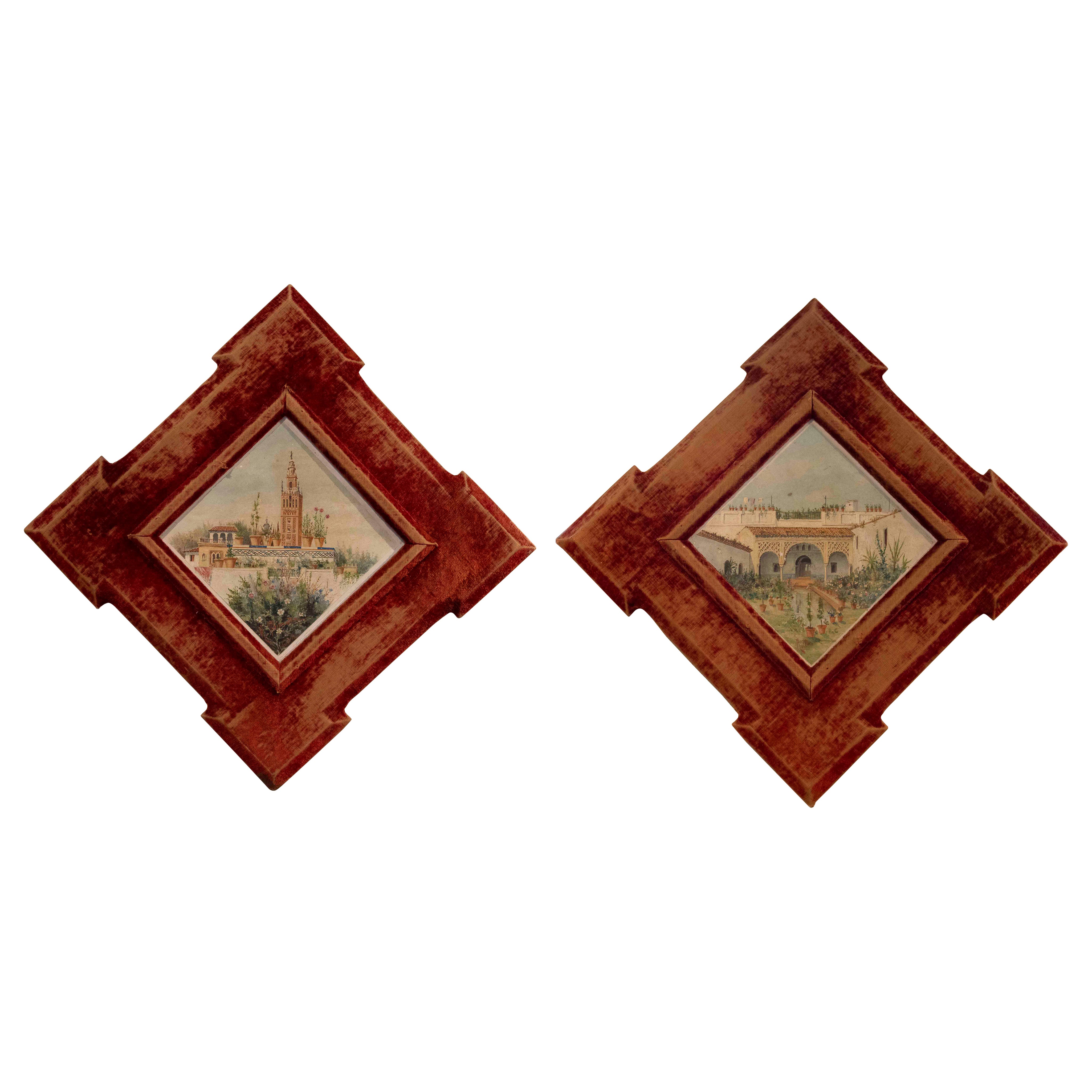 Paire d'aquarelles des années 1950 peintes sur des carreaux avec des cadres en velours rouge. Signé en vente
