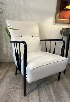 1950s Pair of White Armchairs White Leather Black Wood