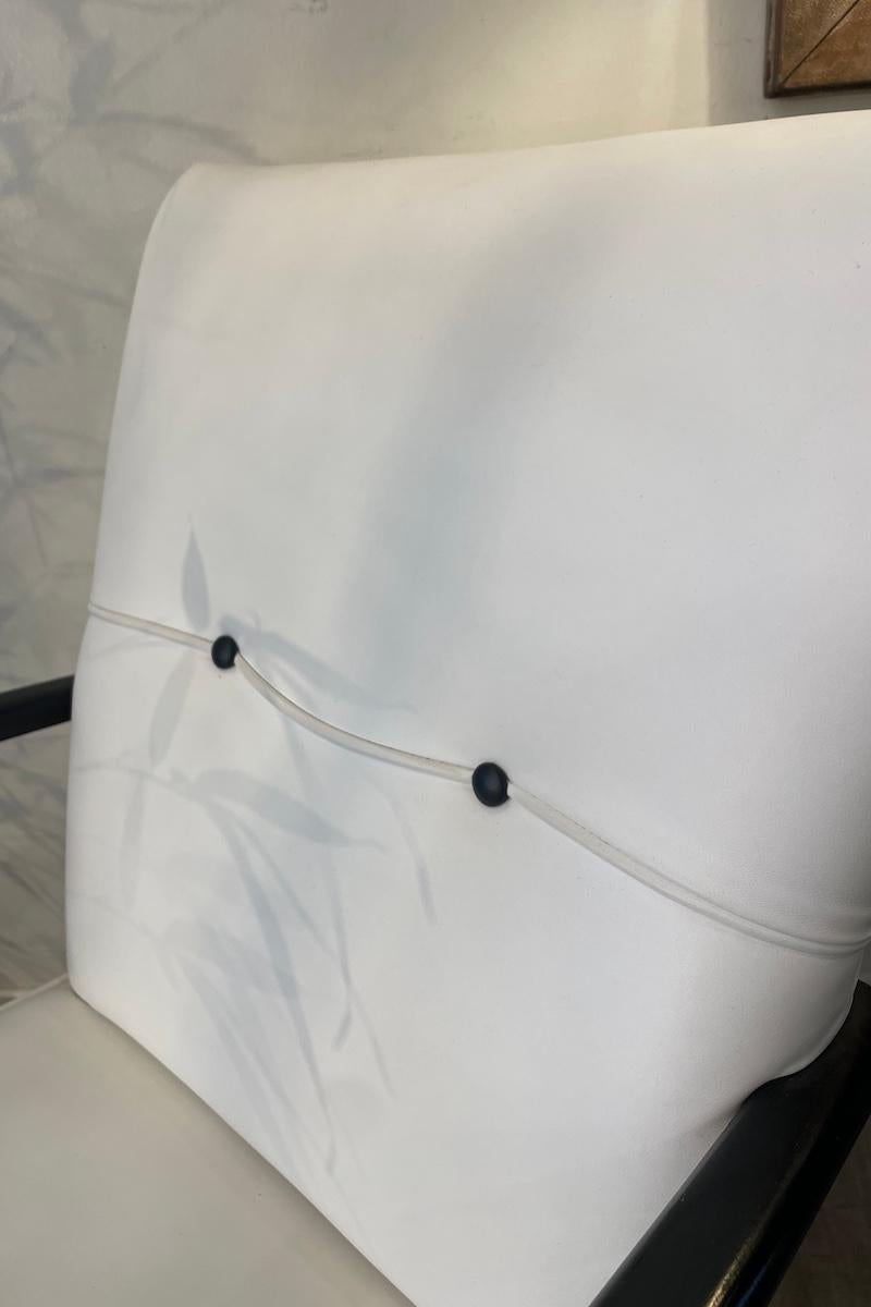Mid-20th Century 1950s Pair of White Armchairs White Leather Black Wood For Sale