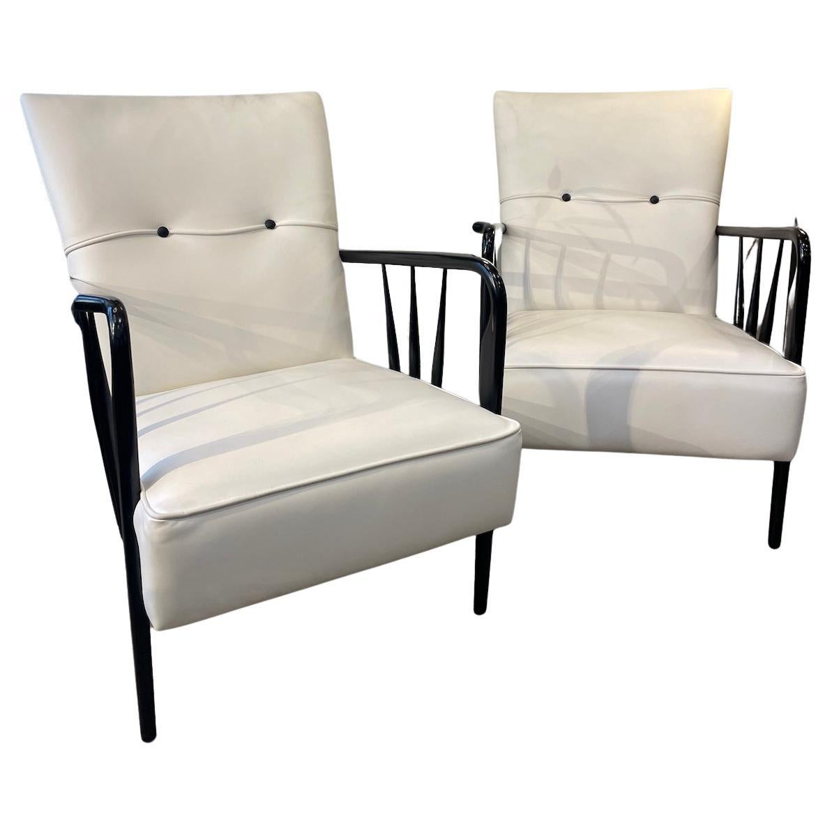 1950s Pair of White Armchairs White Leather Black Wood