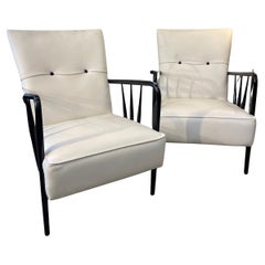 1950s Pair of White Armchairs White Leather Black Wood