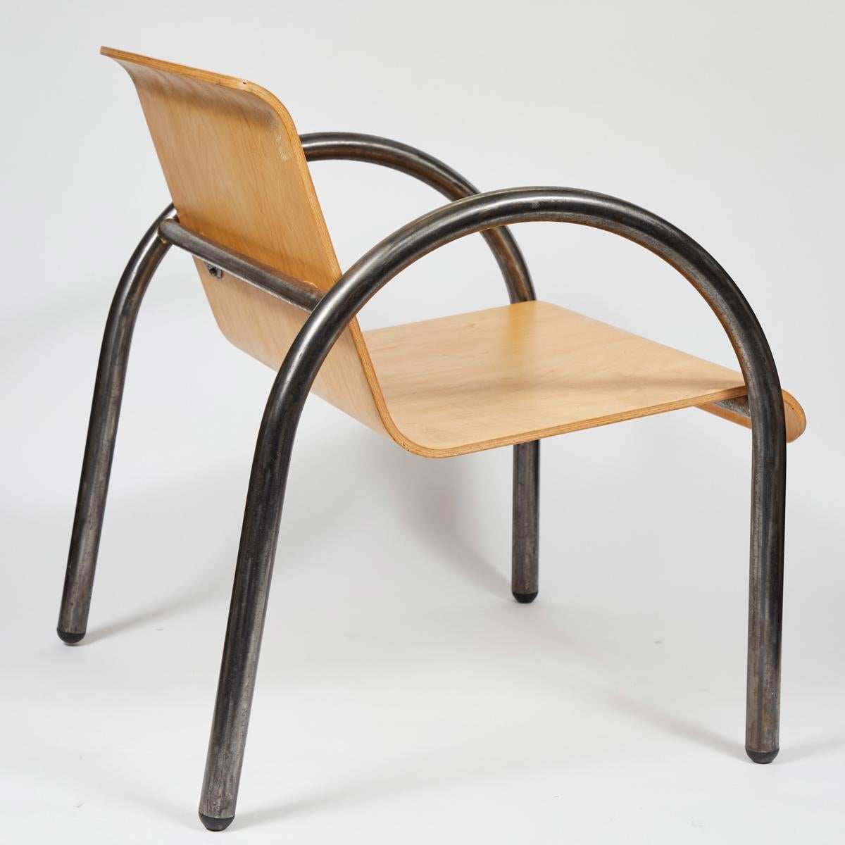French Mid Century Modern Pair or Set of Four Metal and Wood Armchairs For Sale