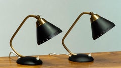 1950's Pair Perforated Black and Brass Table Lamps by Erik Wärnå for EWA Sweden