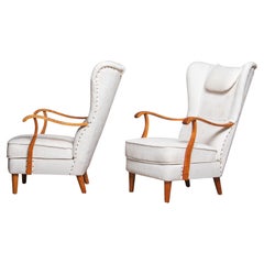1950's Pair Scandinavian Wingback Lounge Chairs by Wilhelm Knoll Malmö Sweden